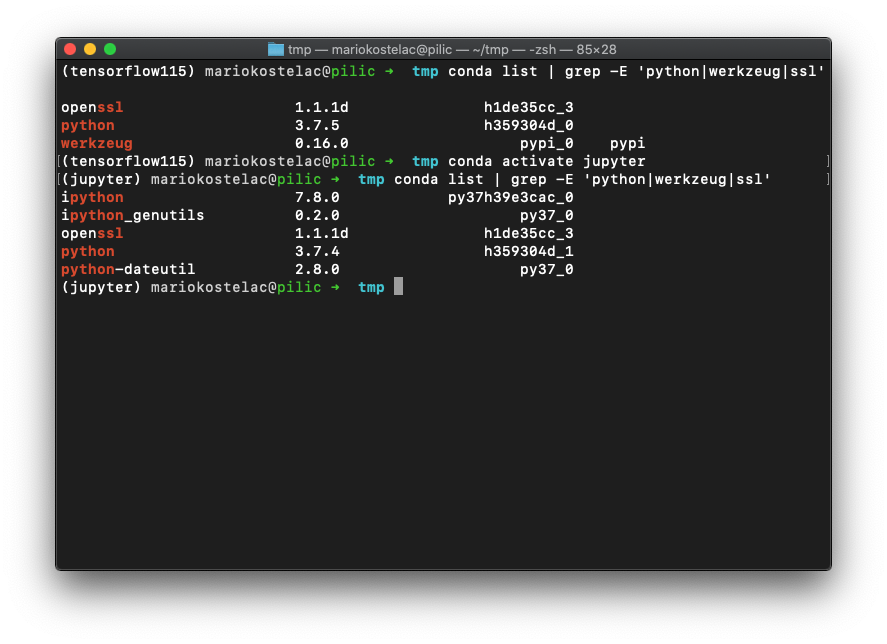 Conda环境封装了python,非python二进制(openssl)和python(werkzeug)软件包。您会看到激活不同的环境可以交换所有这些。
