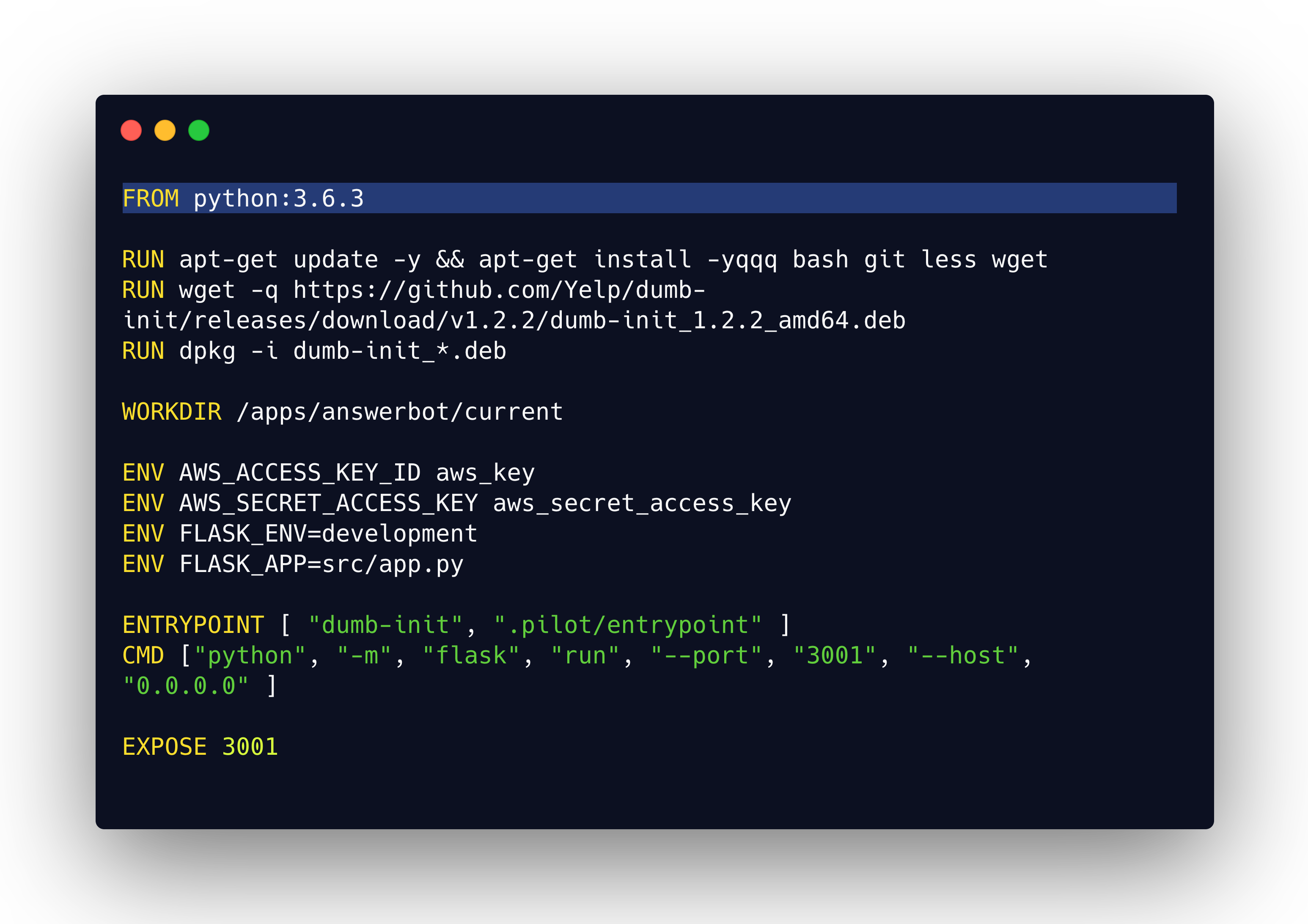 Docker完全不了解python或软件包管理工具。这是从基本Python 3.6.3映像开始的Dockefile的示例。在docker容器中,您实际上可以使用上述任何解决方案。人们通常只使用pip来安装软件包。