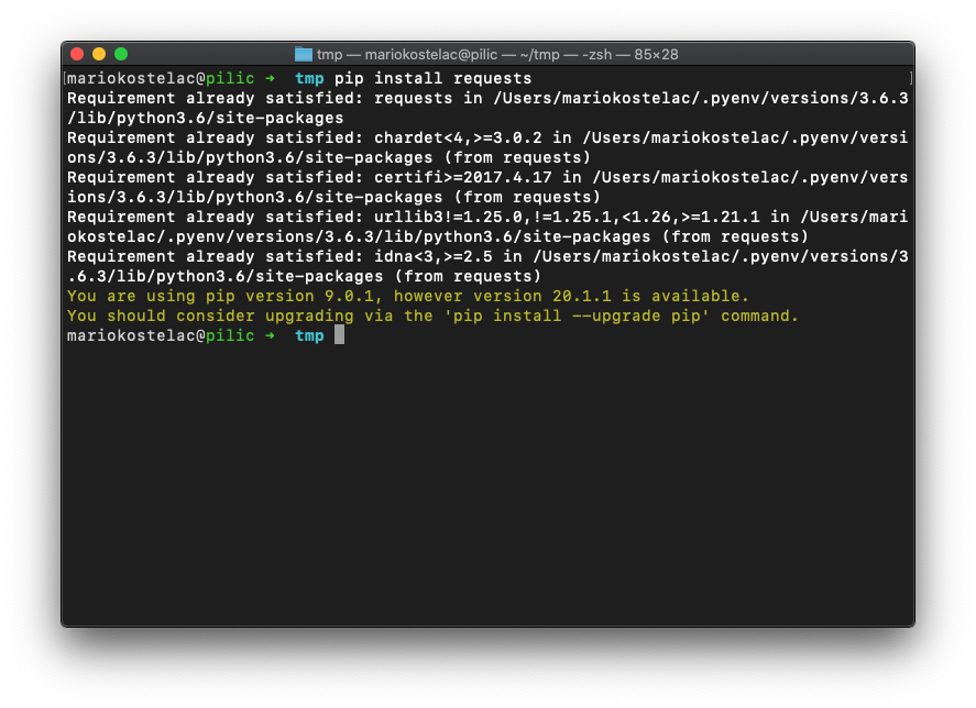 Pip会将软件包安装在指向活动python安装所在的_site-packages_目录中。在这种情况下,它是由pyenv-〜/ .pyenv / versions / 3.6.3 / lib / python3.6 / site-packages激活的。